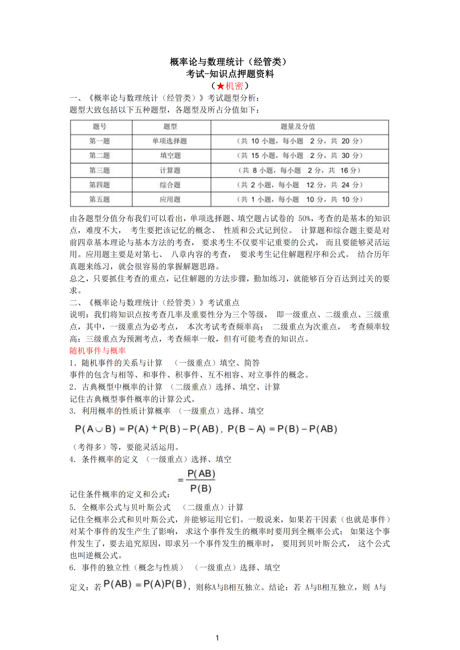 福建自考04183概率論與數理統計（經管類）知識點押題資料