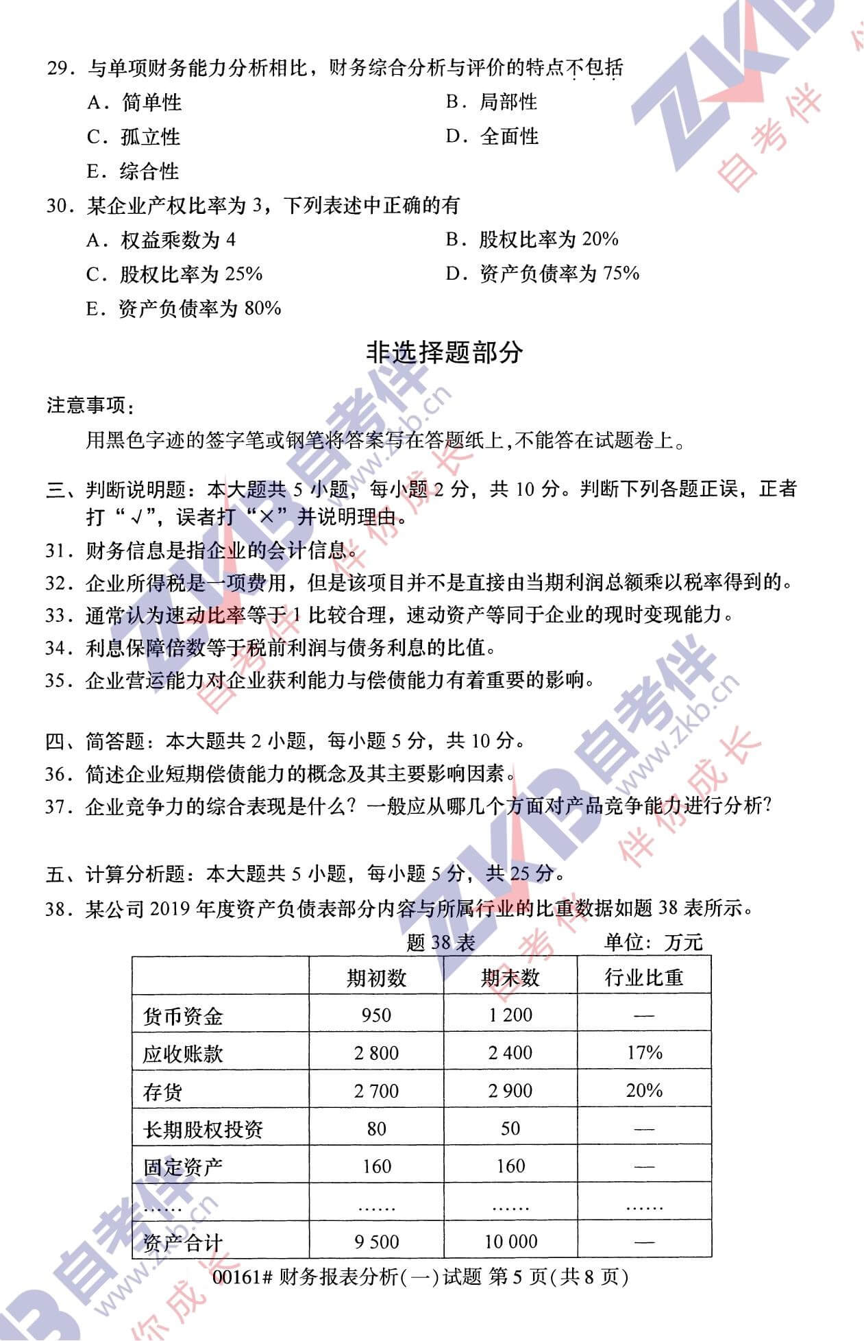 2021年10月福建自考00161財務報表分析(一)試卷